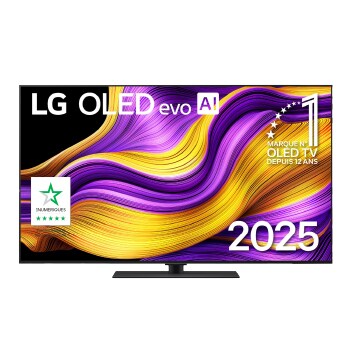 Front view of LG OLED evo AI G5 4K Smart TV. 12 Years of world number 1 OLED emblem and LG OLED evo AI 2025 logo are on the screen.