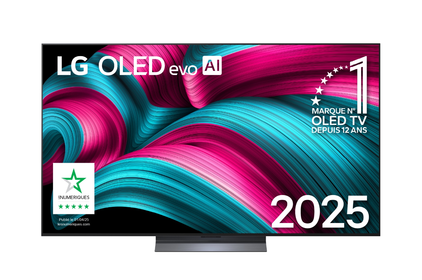 Vue avant de la Smart TV LG OLED evo AI C5 4K. L’emblème OLED numéro 1 dans le monde pendant 12 ans et le logo LG OLED evo AI 2025 sont à l’écran.