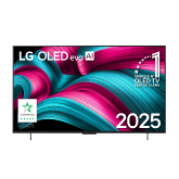 Vue avant de la Smart TV LG OLED evo AI C5 4K. L’emblème OLED numéro 1 dans le monde pendant 12 ans et le logo LG OLED evo AI 2025 sont à l’écran.