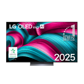 Vue avant de la Smart TV LG OLED evo AI C5 4K. L’emblème OLED numéro 1 dans le monde pendant 12 ans et le logo LG OLED evo AI 2025 sont à l’écran.