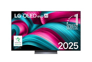 Vue avant de la Smart TV LG OLED evo AI C5 4K. L’emblème OLED numéro 1 dans le monde pendant 12 ans et le logo LG OLED evo AI 2025 sont à l’écran.
