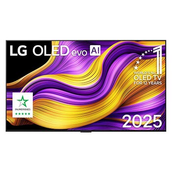 Front view of LG OLED evo AI G5 4K Smart TV. 12 Years of world number 1 OLED emblem and LG OLED evo AI 2025 logo are on the screen.