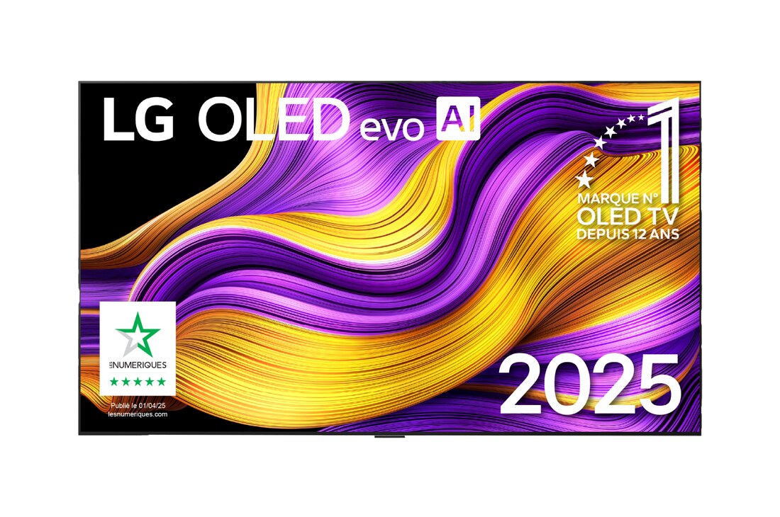 Front view of LG OLED evo AI G5 4K Smart TV. 12 Years of world number 1 OLED emblem and LG OLED evo AI 2025 logo are on the screen.