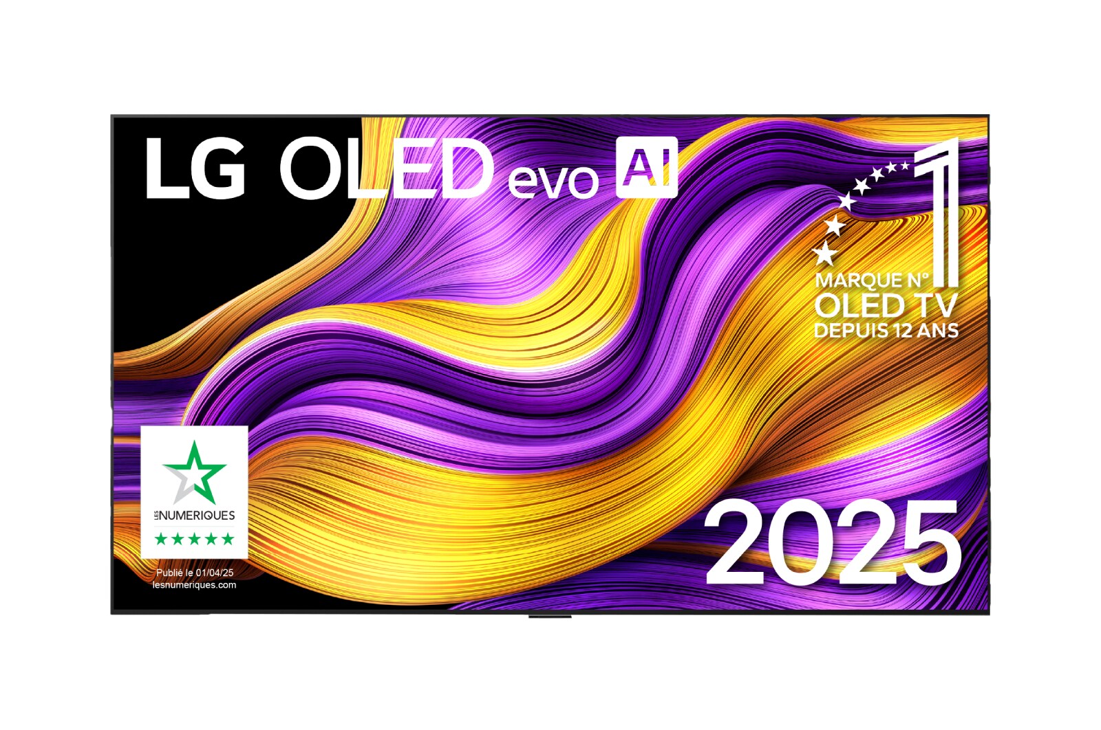 Front view of LG OLED evo AI G5 4K Smart TV. 12 Years of world number 1 OLED emblem and LG OLED evo AI 2025 logo are on the screen.