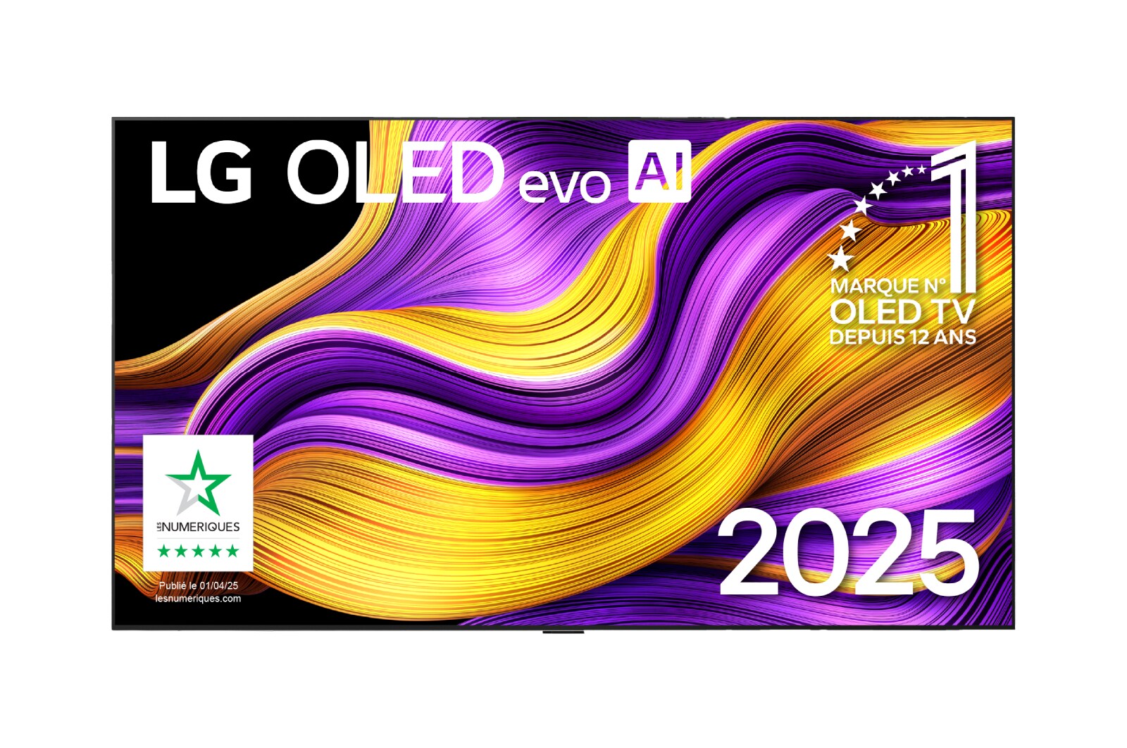 Front view of LG OLED evo AI G5 4K Smart TV. 12 Years of world number 1 OLED emblem and LG OLED evo AI 2025 logo are on the screen.