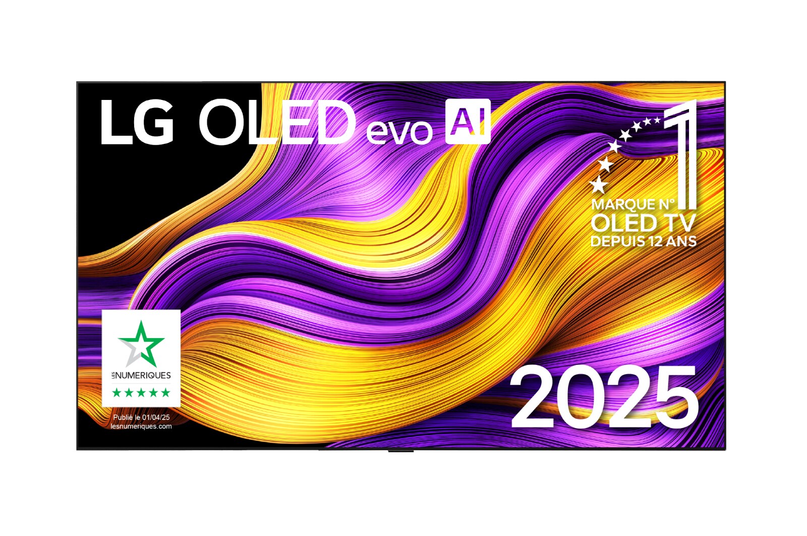 Front view of LG OLED evo AI G5 4K Smart TV. 12 Years of world number 1 OLED emblem and LG OLED evo AI 2025 logo are on the screen.