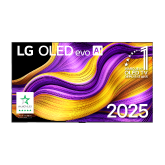 Front view of LG OLED evo AI G5 4K Smart TV. 12 Years of world number 1 OLED emblem and LG OLED evo AI 2025 logo are on the screen.