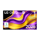 Front view of LG OLED evo AI G5 4K Smart TV. 12 Years of world number 1 OLED emblem and LG OLED evo AI 2025 logo are on the screen.