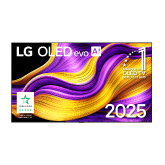 Front view of LG OLED evo AI G5 4K Smart TV. 12 Years of world number 1 OLED emblem and LG OLED evo AI 2025 logo are on the screen.