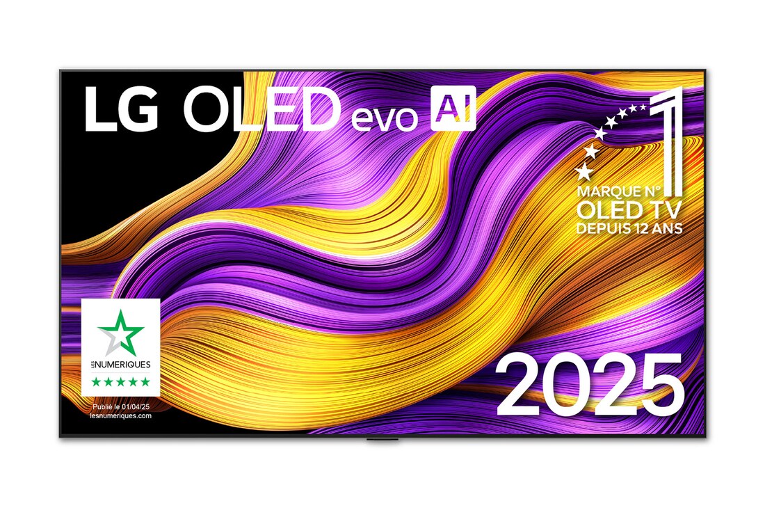 Front view of LG OLED evo AI G5 4K Smart TV. 12 Years of world number 1 OLED emblem and LG OLED evo AI 2025 logo are on the screen.