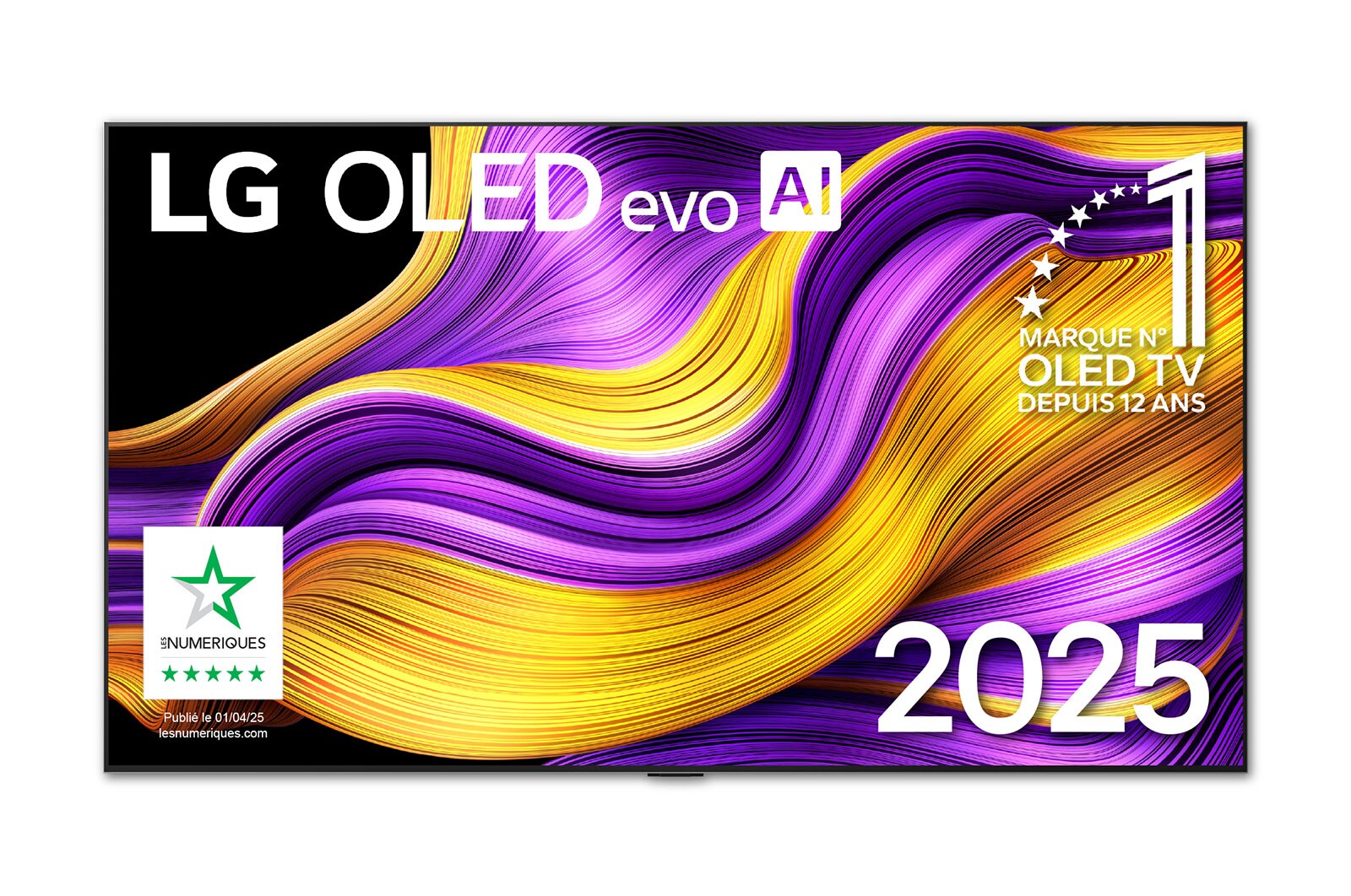 Front view of LG OLED evo AI G5 4K Smart TV. 12 Years of world number 1 OLED emblem and LG OLED evo AI 2025 logo are on the screen.