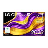 Front view of LG OLED evo AI G5 4K Smart TV. 12 Years of world number 1 OLED emblem and LG OLED evo AI 2025 logo are on the screen.