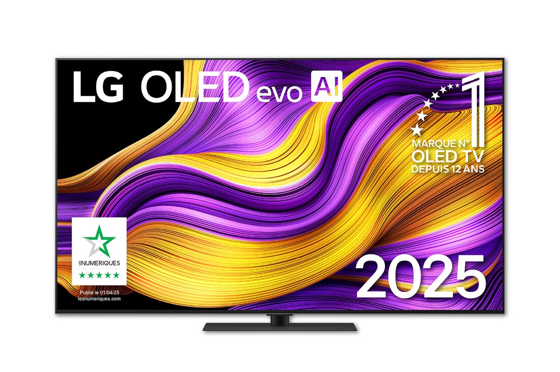 Vue avant de la Smart TV LG OLED evo AI G5 4K. L’emblème OLED numéro 1 dans le monde pendant 12 ans et le logo LG OLED evo AI 2025 sont à l’écran.
