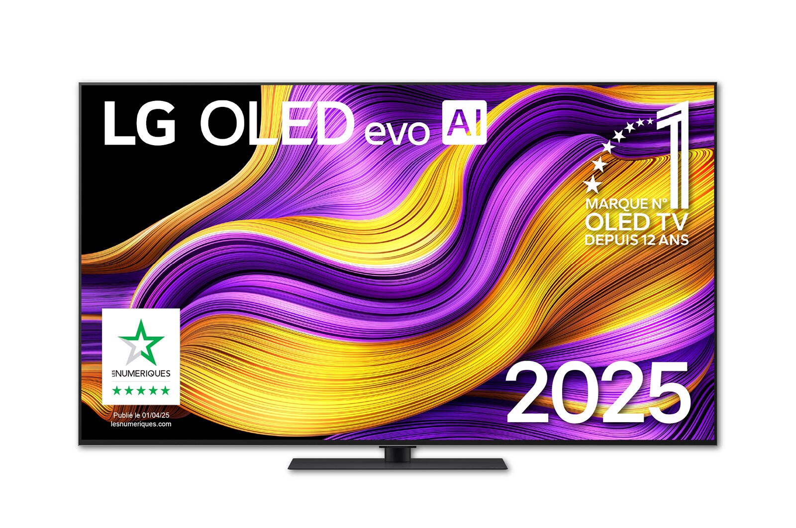 Vue avant de la Smart TV LG OLED evo AI G5 4K. L’emblème OLED numéro 1 dans le monde pendant 12 ans et le logo LG OLED evo AI 2025 sont à l’écran.