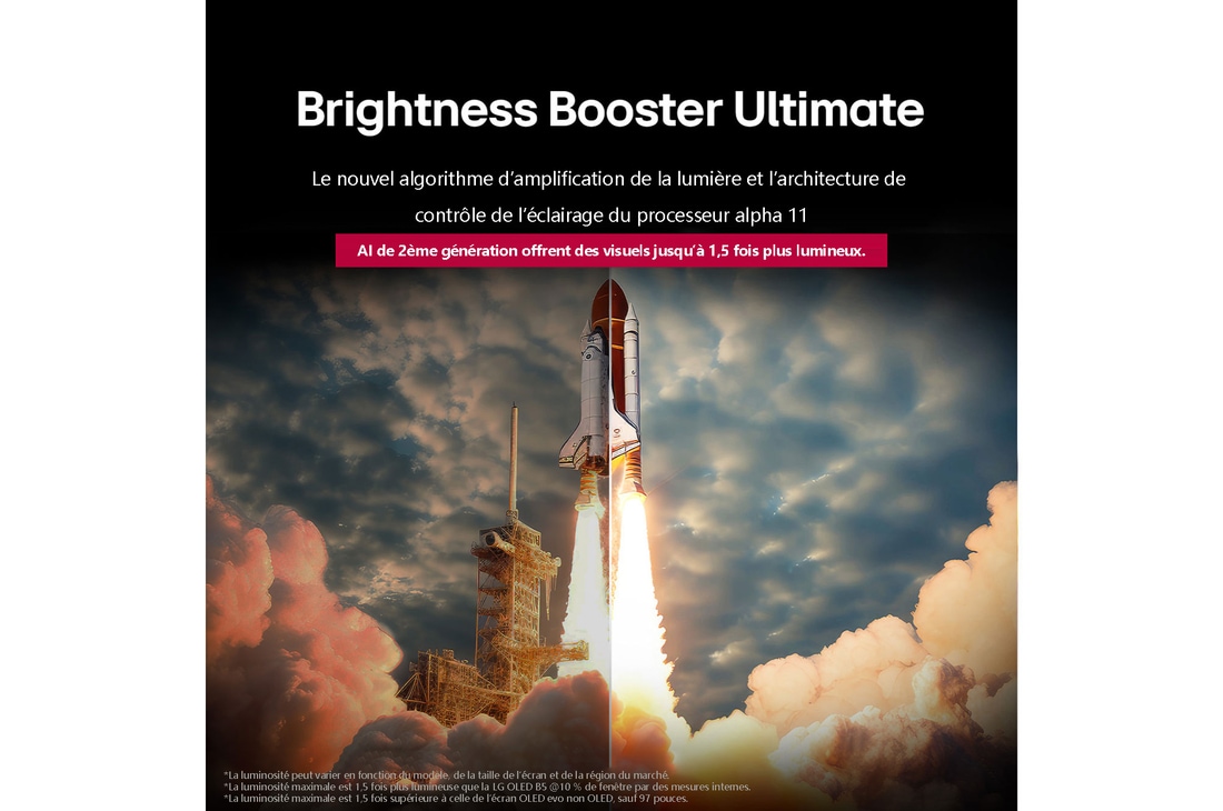 A space shuttle launching from the ground. The scene is split in the middle with one half slightly darker and duller. The other half shows how the rocket blast is remarkably bright, demonstrating how bright visuals can be on an LG OLED TV screen with the light emitting structure and lighting control architecture of Brightness Booster Max.