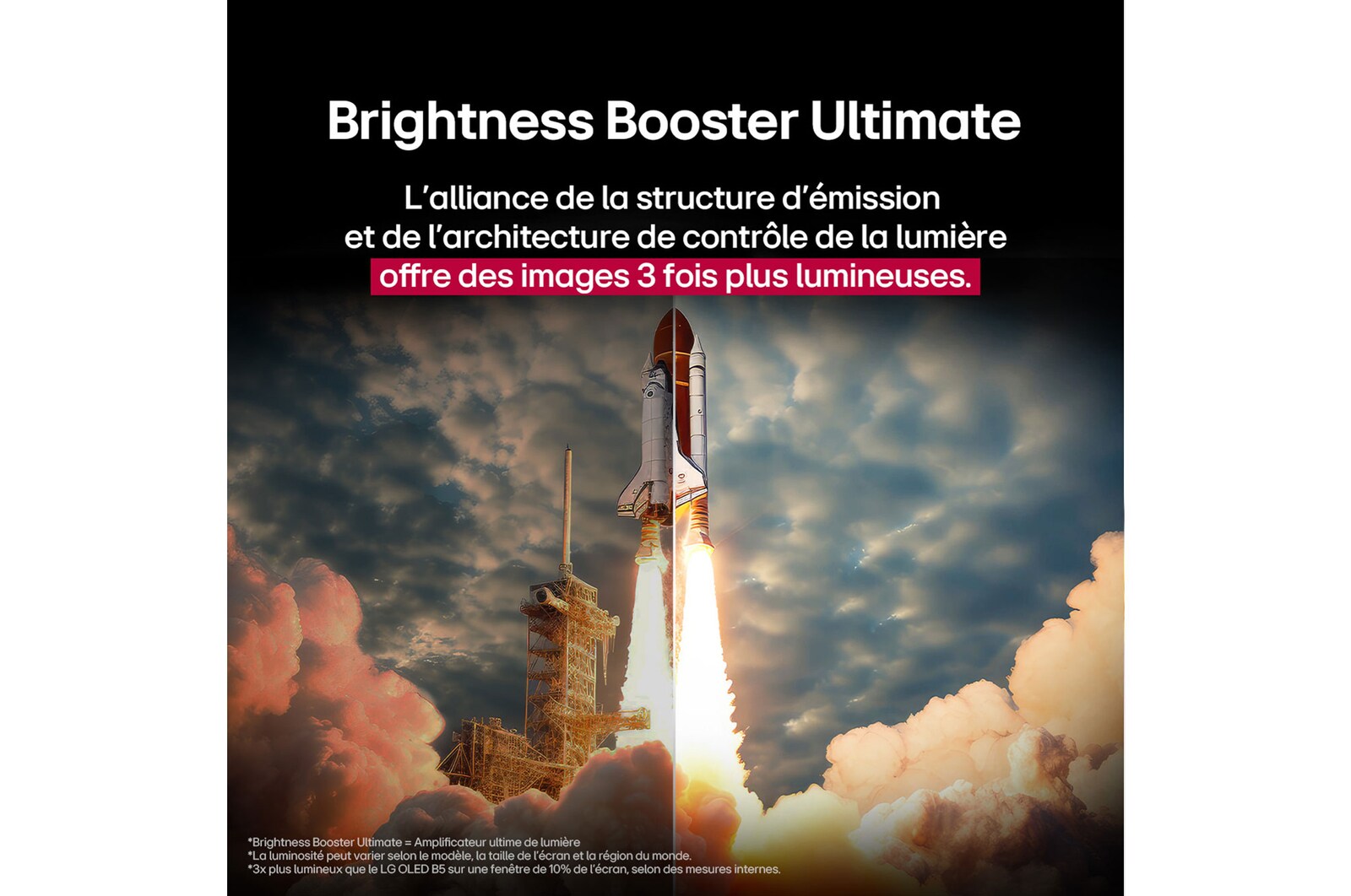 A space shuttle launching from the ground. The scene is split in the middle with one half slightly darker and duller. The other half shows how the rocket blast is remarkably bright, demonstrating how bright visuals can be on an LG OLED TV screen with the light emitting structure and lighting control architecture of Brightness Booster Ultimate.
