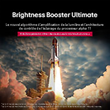 A space shuttle launching from the ground. The scene is split in the middle with one half slightly darker and duller. The other half shows how the rocket blast is remarkably bright, demonstrating how bright visuals can be on an LG OLED TV screen with the light emitting structure and lighting control architecture of Brightness Booster Ultimate.