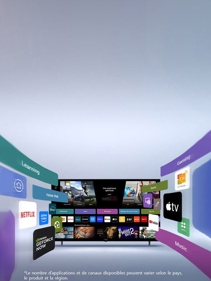 LG Smart TV affichant l’écran d’accueil webOS avec des applications de divertissement et des éléments d’interface utilisateur LG Channels qui s’étendent de manière dynamique vers l’extérieur, mettant en valeur plus de 4 000 applications et chaînes internationales.