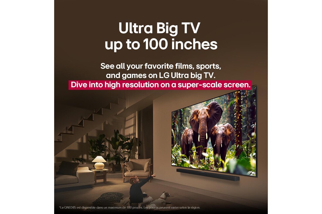 A girl and a dog are seated in front of a LG QNED TV mounted on a wall depicting three elephants walking outwards above a LG Soundbar. The short text describes how every action is more thrilling on a massive screen.