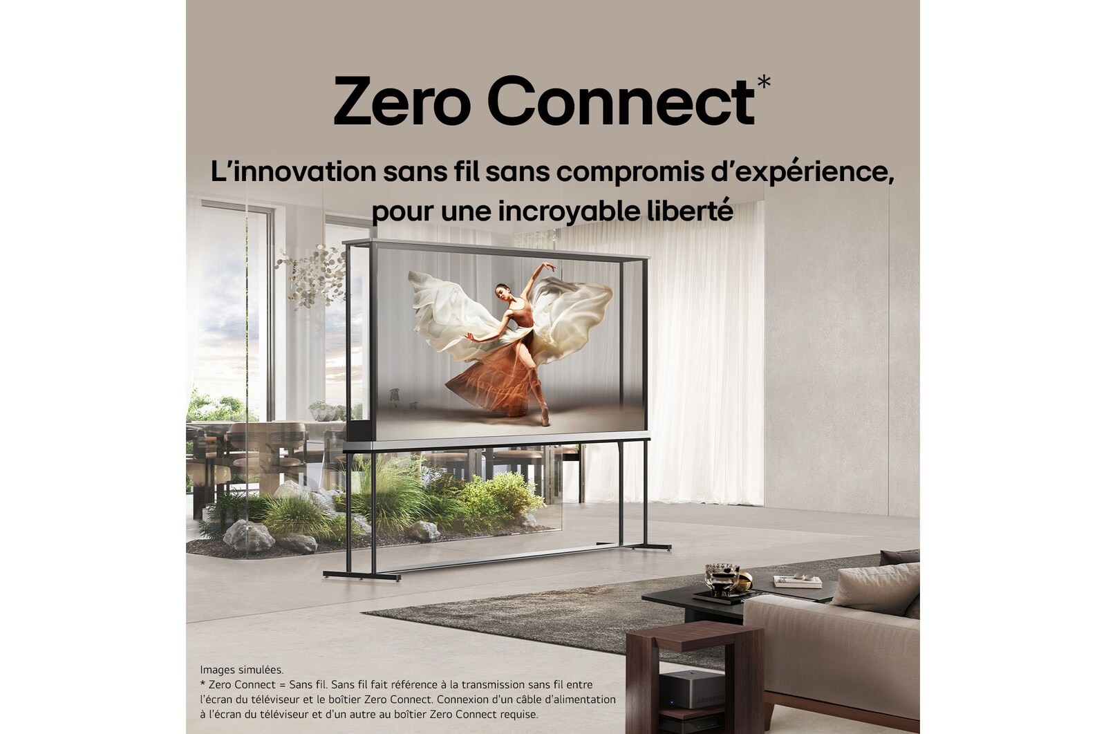 LG SIGNATURE OLED T avec l’écran d’accueil LG webOS. Étant donné que la TV est en mode transparent, l’interface utilisateur semble flotter et se fondre à la réalité. Le titre lit des contenus T-Contents, conçus pour des écrans transparents, conçus pour se fondre à la réalité.  