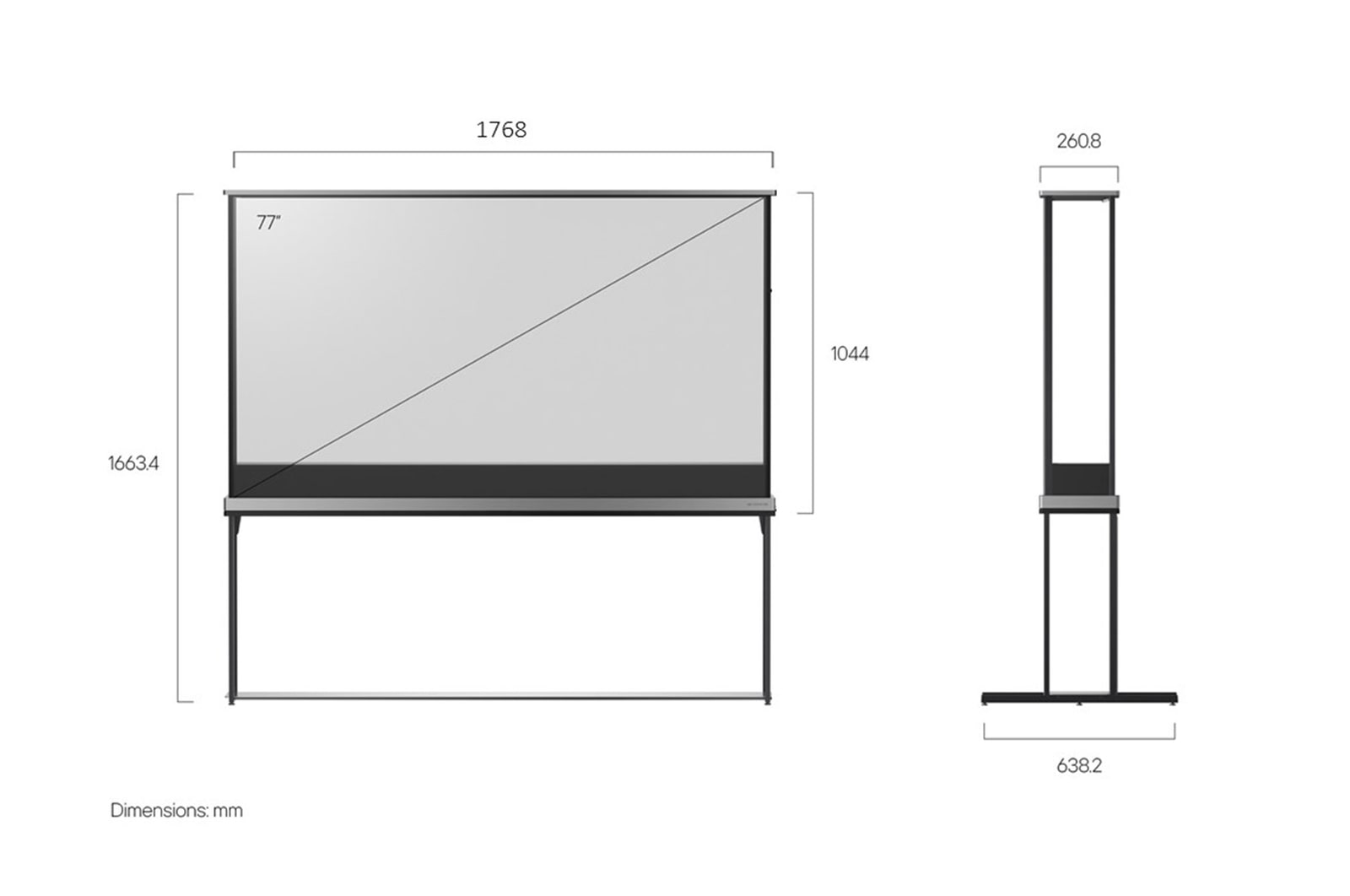 Vue avant de la LG SIGNATURE OLED T avec une étagère modulaire fixée et une vue latérale de la LG SIGNATURE OLED T montrant les dimensions.