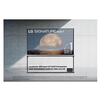 Vue avant de la LG SIGNATURE OLED T, emblème de la marque de TV OLED numéro 1 dans le monde depuis 12 ans, logo LG SIGNATURE OLED T, tous deux intégrés au-dessus de l’arrière-plan représentant une lune au-dessus de la rive sur un écran transparent. Boîtier Zero Connect avec transmission audio et vidéo sans fil jusqu'en 4K 120 Hz connecté à la TV, et un signal WiFi sortant du boîtier.