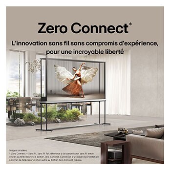 LG SIGNATURE OLED T avec l’écran d’accueil LG webOS. Étant donné que la TV est en mode transparent, l’interface utilisateur semble flotter et se fondre à la réalité. Le titre lit des contenus T-Contents, conçus pour des écrans transparents, conçus pour se fondre à la réalité.  