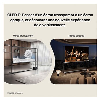 La LG Signature OLED T est posée au milieu d’un salon moderne et représente une danseuse. Le boîtier Zero Connect est placé sur une petite table à côté du canapé.