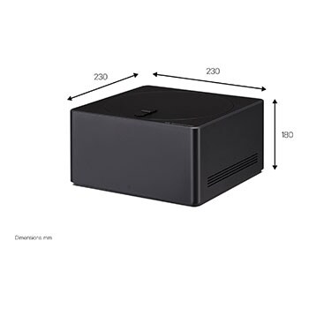 Vue latérale légèrement orientée vers la gauche du boîtier Zero Connect montrant les dimensions. 