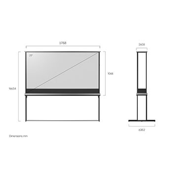 Vue avant de la LG SIGNATURE OLED T avec une étagère modulaire fixée et une vue latérale de la LG SIGNATURE OLED T montrant les dimensions.