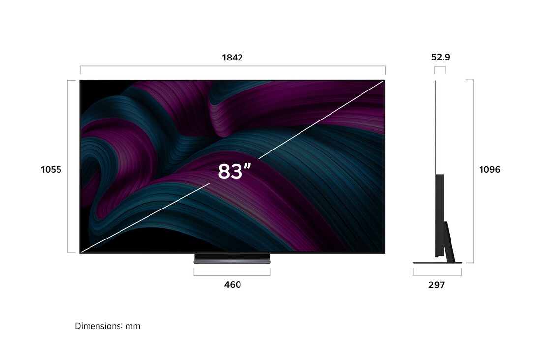Front view and side view of LG OLED evo AI C5 4K Smart TV showing its length, width, height, and depth dimensions.
