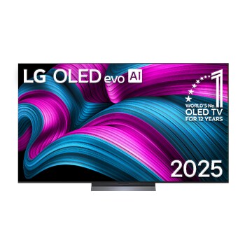 Front view of LG OLED evo AI C5 4K Smart TV. 12 Years of world number 1 OLED emblem and LG OLED evo AI 2025 logo are on the screen.