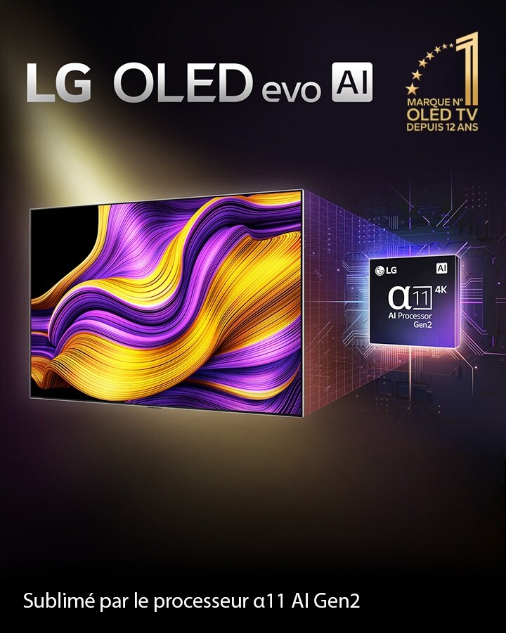 Sur l’écran d’une TV LG OLED evo AI se trouve une image abstraite aux détails, couleurs et contrastes impressionnants. Une version agrandie du processeur alpha 11 AI de 2ème génération se trouve derrière la TV. Sa lumière brillante éclaire les circuits de micropuce qui l’entourent. Le titre indique LG OLED evo AI. Le texte est également visible, alimenté par le processeur IA alpha 11 LG de 2ème génération. Un logo doré avec des étoiles dans le coin dit : l’OLED TV numéro un mondial depuis 12 ans. 