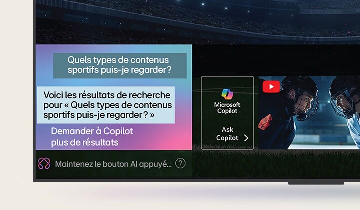 * AI Picture Wizard = Assistant d'image personnalisé. AI Sound Wizard = Assistant de son personnalisé. *AI Voice ID = Identifiant vocal via IA. *Un contenu restreint peut être affiché selon la région et de la connectivité du réseau. *La prise en charge de AI Voice ID peut varier selon le pays et la région et est disponible sur les téléviseurs OLED, QNED, NanoCell et UHD à partir de webOS 24. *Voice ID est disponible sur les Apps LG, le Game Portal, l’accueil ainsi que les rubriques Tableau de bord, Sport, Télétravail, Musique et sur l’assistant d’image personnalisé.