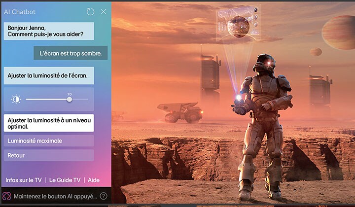 Le contenu de science-fiction est diffusé sur un écran de LG OLED TV. Sur le côté gauche de l’écran se trouve l’interface AI Chatbot. L’utilisateur envoie un message au chatbot indiquant que l’écran est trop sombre et que le chatbot propose des solutions à la demande.