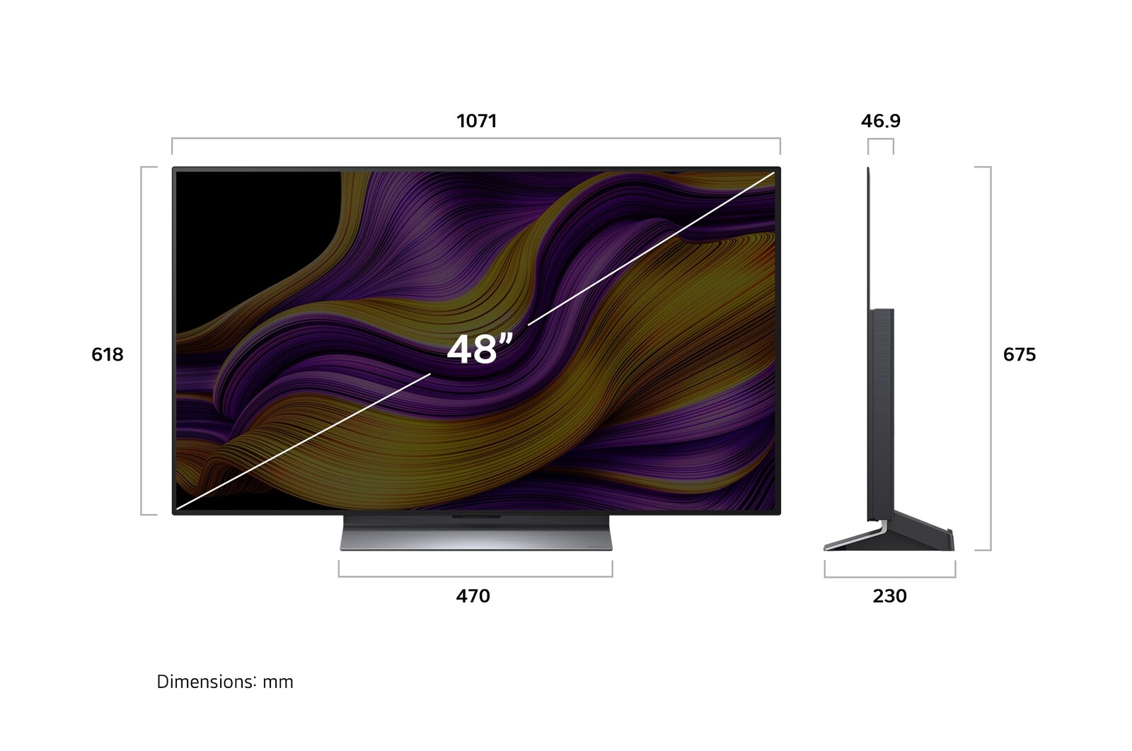 Vue avant et latérale de la Smart TV LG OLED evo AI G5 4K montrant ses dimensions de longueur, largeur, hauteur et profondeur.