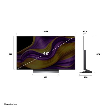 Vue avant et latérale de la Smart TV LG OLED evo AI G5 4K montrant ses dimensions de longueur, largeur, hauteur et profondeur.