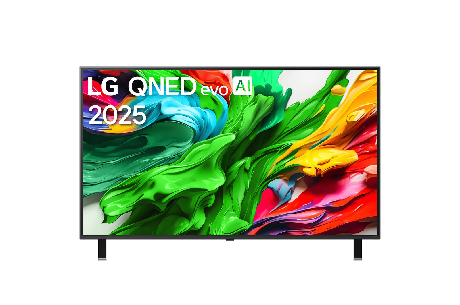 Vue avant de la TV LG QNED evo, logo LG QNED evo Al, dans le coin supérieur. La TV LG QNED evo représente des textures colorées semblables à de la peinture, réunies.