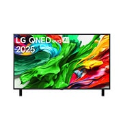 Vue avant de la TV LG QNED evo, logo LG QNED evo Al, dans le coin supérieur. La TV LG QNED evo représente des textures colorées semblables à de la peinture, réunies.