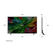 Front view and side view of LG QNED evo AI 4K Smart TV showing its length, width, height, and depth dimensions.
