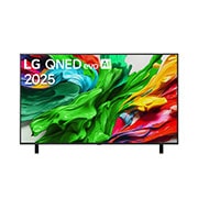 Front view of LG QNED evo TV, LG QNED evo AI Logo on the top left corner of the TV. LG QNED evo TV depicts colorful paintlike textures coming together in green, red, yellow, blue and purple.
