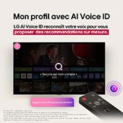 On a TV screen is the webOS 25 home page filled with apps and entertainment content. By the TV is the LG AI Magic Remote, the AI button is highlighted as if activated by the user's voice. A speech bubble is beside it, switching to my account. The short text explains how users can now sync their voice to their personal profile for easier navigation and personalized recommendations. 