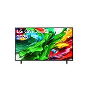 Front view of LG QNED evo TV, LG QNED evo AI Logo on the top left corner of the TV. LG QNED evo TV depicts colorful paintlike textures coming together in green, red, yellow, blue and purple.