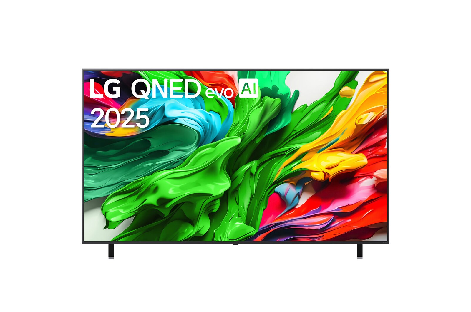 Vue avant de la TV LG QNED evo, logo LG QNED evo Al, dans le coin supérieur. La TV LG QNED evo représente des textures colorées semblables à de la peinture, réunies.