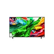 Vue avant de la TV LG QNED evo, logo LG QNED evo Al, dans le coin supérieur. La TV LG QNED evo représente des textures colorées semblables à de la peinture, réunies.