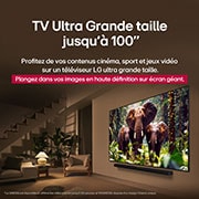 Une fille et un chien sont assis devant une LG QNED TV installée sur un mur représentant trois éléphants marchant vers l’extérieur au-dessus d’une LG Soundbar. Le titre évoque la façon dont chaque scène d’action est plus palpitante sur un très grand écran.