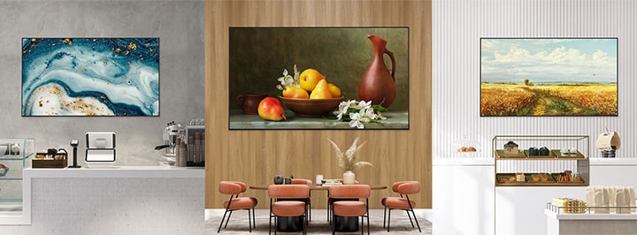 Cette image présente des écrans dans divers espaces sur lesquels sont diffusées différentes œuvres d’art, en utilisant la fonctionnalité Art Lounge pour créer des atmosphères variées.