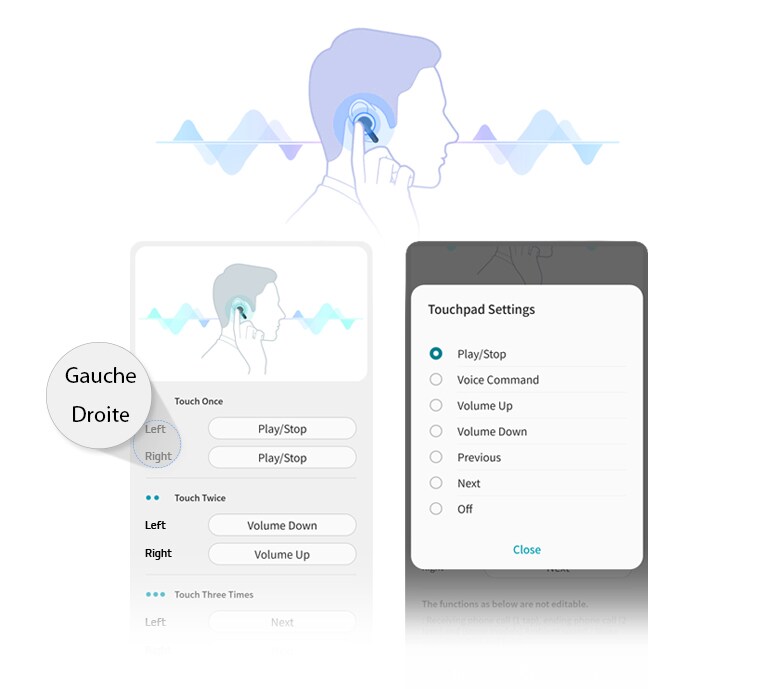 Illustration de la vue latérale d’un homme touchant les écouteurs placés dans son oreille. Les écrans de l’interface utilisateur de l’application montrent que les gens peuvent ajuster le réglage du pavé tactile pour les écouteurs gauche et droite.