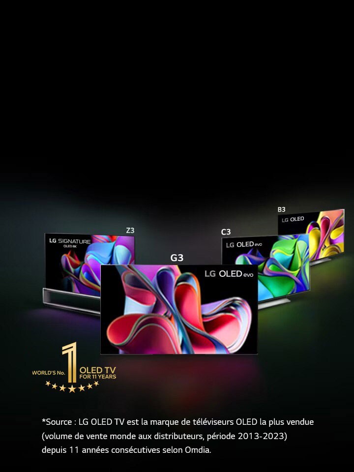 Image de la gamme LG OLED sur un fond noir, positionnée en triangle  aux angles, avec le LG OLED G3 au milieu, tourné vers l'avant. Chaque téléviseur projette une œuvre d’art colorée et abstraite à l’écran. L’emblème 11 ans N°1 des téléviseurs OLED est également visible à l’image.