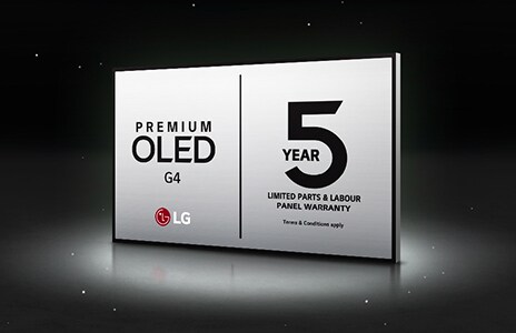 Logos LG OLED Care+ et de garantie du panneau de 5 ans sur fond noir.